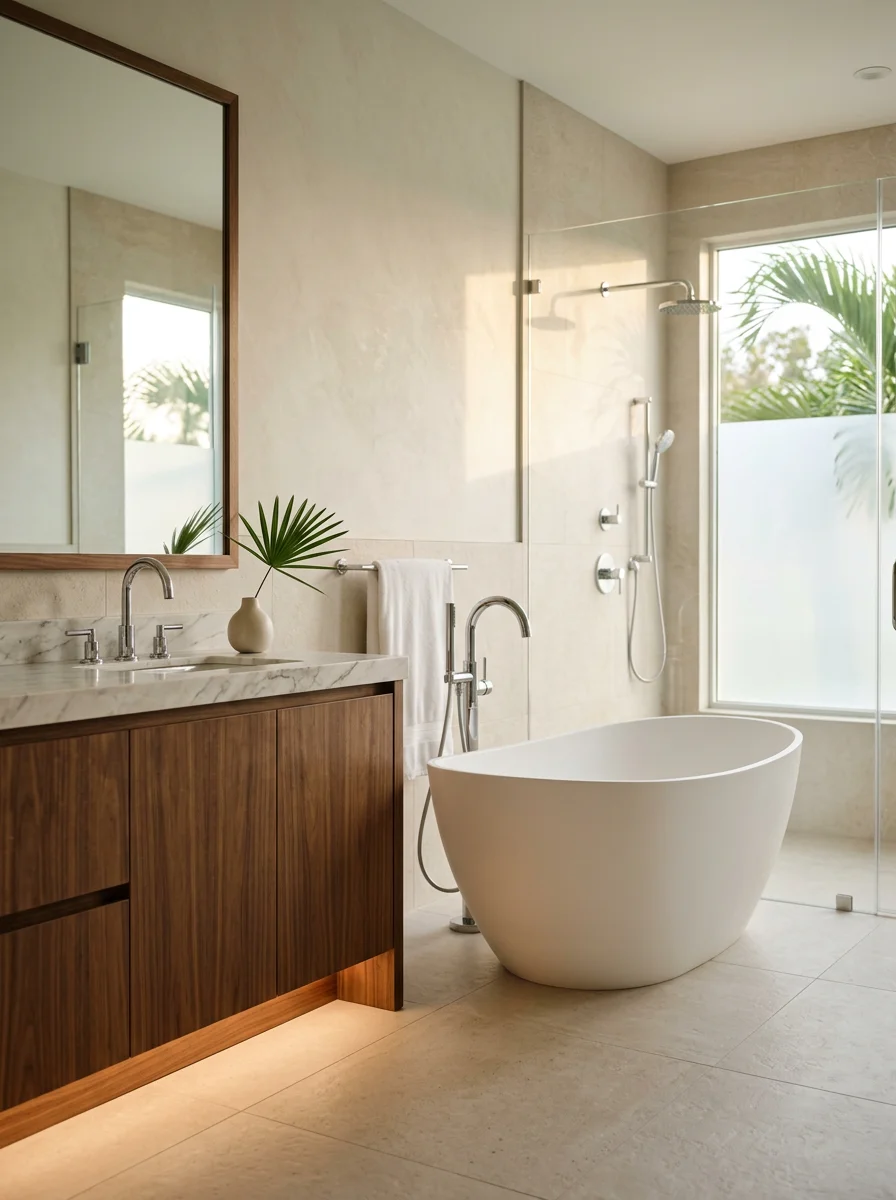 Spa-style master bathroom renovation in a Boca Raton country club home, showing a freestanding soaking tub, frameless glass shower, and custom vanity millwork.