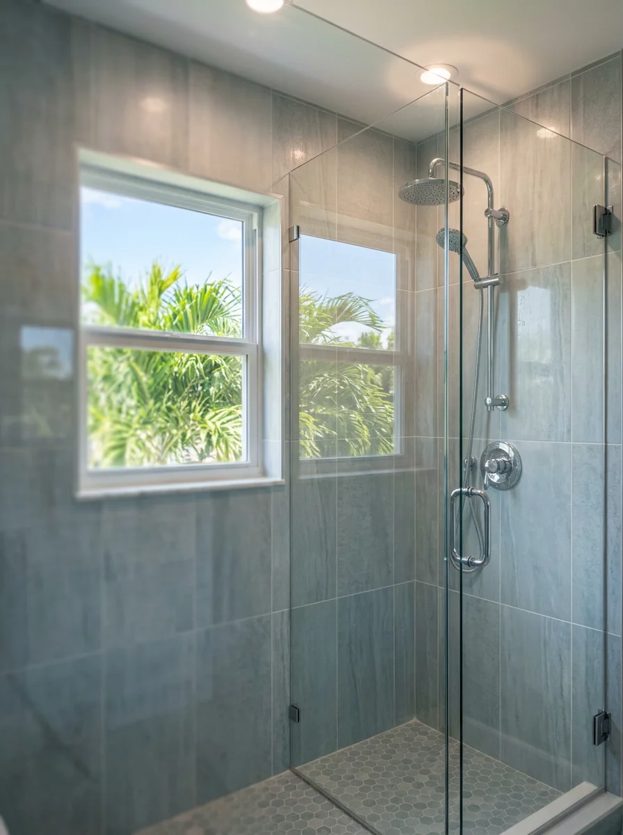 Updated bathroom in a Boynton Beach coastal home featuring new tile walls, a frameless glass shower enclosure, and impact-rated window installation.