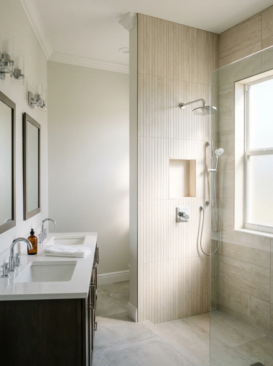 Custom bathroom remodel in a West Delray gated community home showing a large walk-in shower with floor-to-ceiling tile, a double vanity, and new drywall finishes.