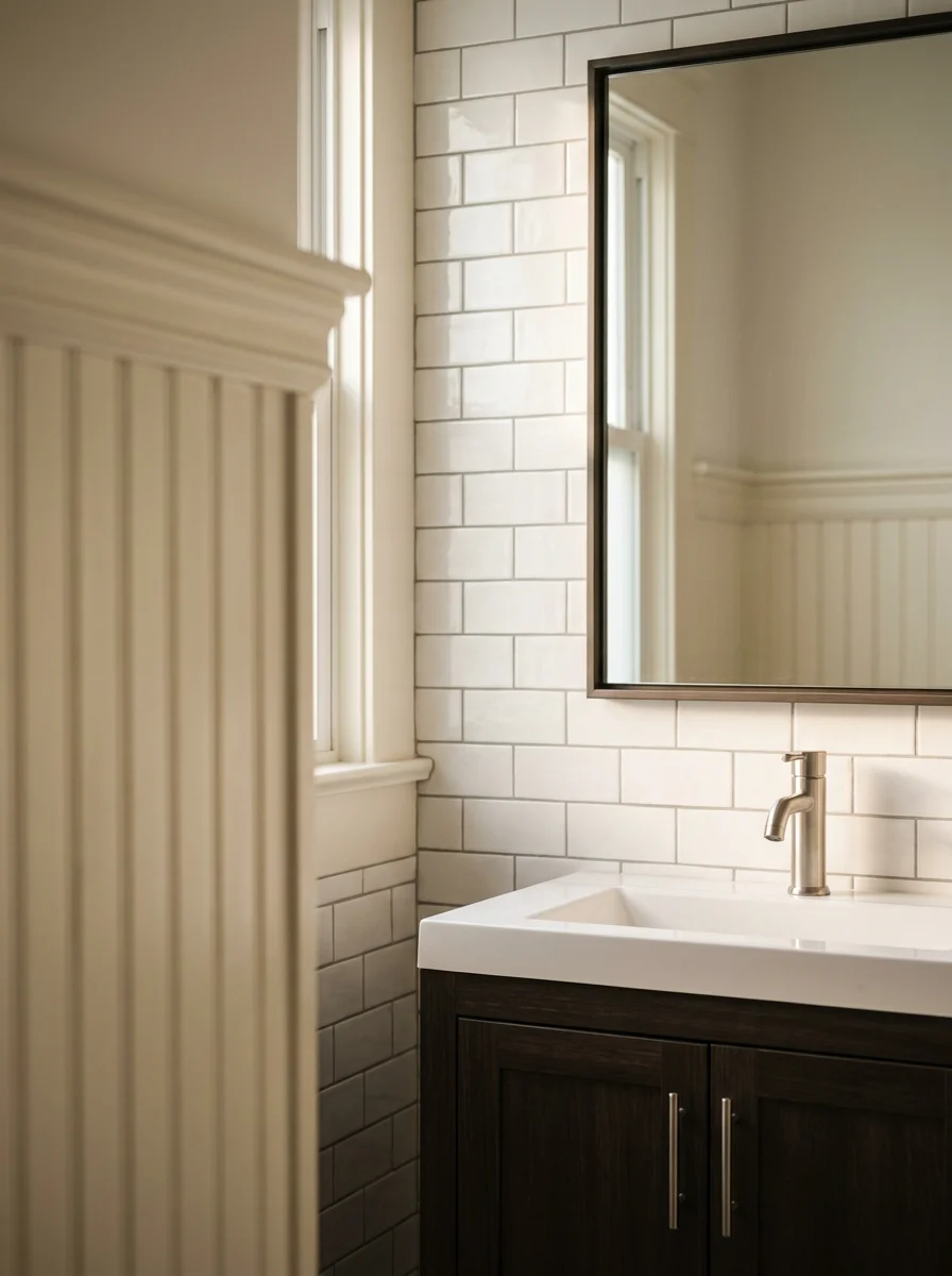 Close-up of a freshly finished bathroom remodel inside a Lake Worth Beach historic district home, featuring subway tile walls and a new vanity.