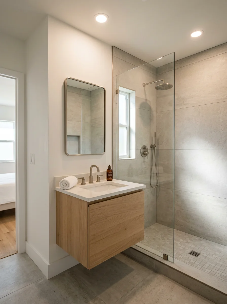 Freshly completed bathroom addition in a West Palm Beach gated community home, showing a walk-in tile shower, custom vanity, and new drywall finishes.