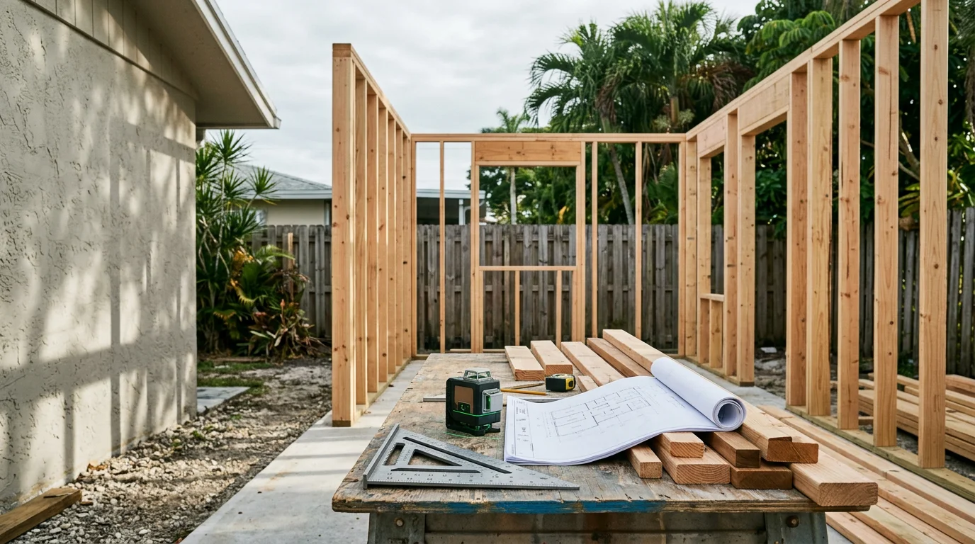 A newly completed single-story home addition in Lake Worth Beach, Florida, showing a seamlessly integrated room extension with matching exterior finish and a covered entry. The expanded living space connects to the original structure with a consistent roofline and trim detail.