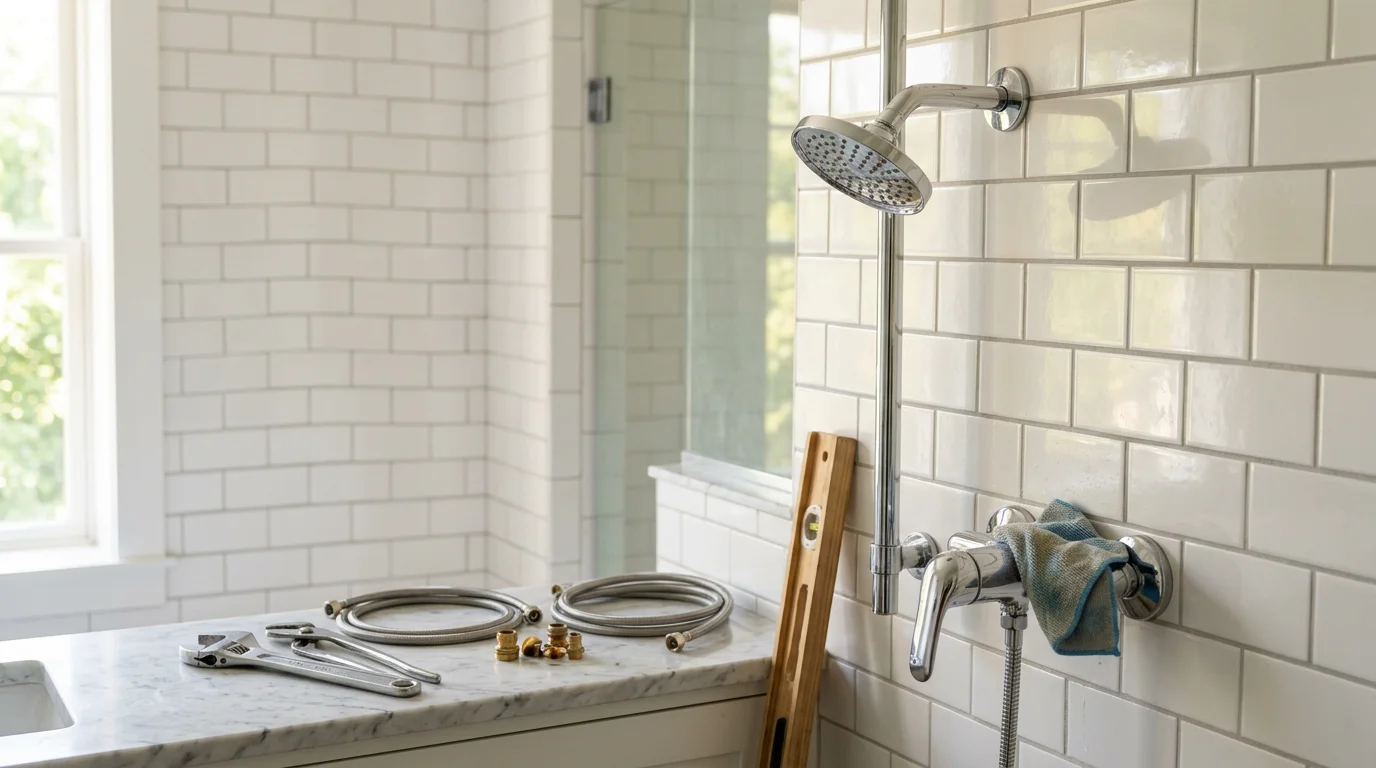 Newly installed bathroom sink faucet and toilet in a clean, modern bathroom interior in Lake Worth Beach, Florida. Polished fixtures and fresh supply line connections reflect professional installation with attention to detail.