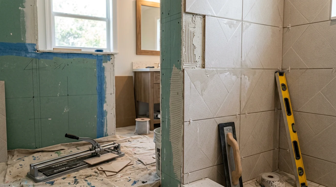 Freshly installed bathroom floor and wall tile in a Lake Worth Beach home, showing clean grout lines and a coastal-toned layout. The finished bathroom reflects precise tilework suited to South Florida's high-humidity environment.