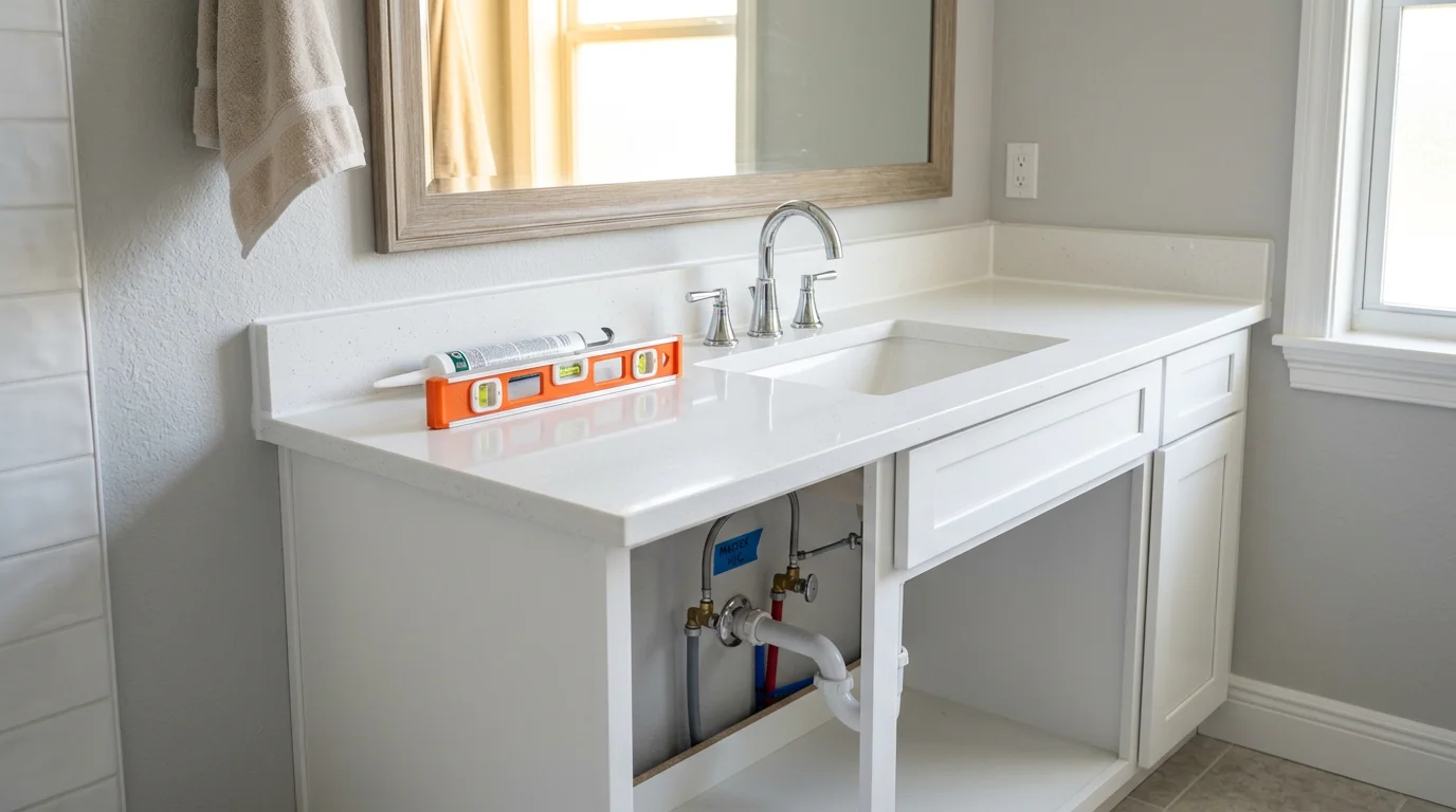 A newly installed double bathroom vanity with clean plumbing connections and a moisture-resistant finish inside a Lake Worth Beach home. The cabinet sits level against a freshly prepared wall, reflecting the coastal-influenced interior style common in Palm Beach County renovations.