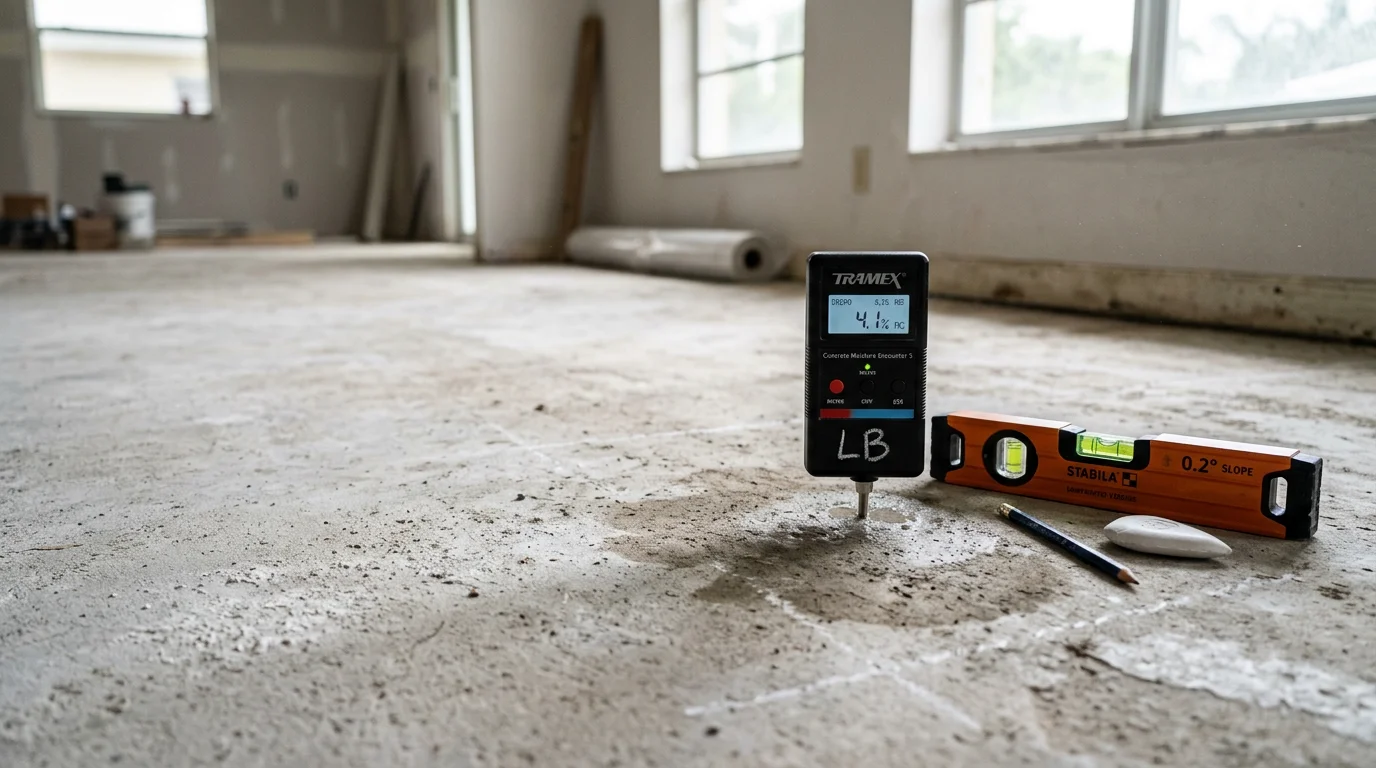 A flooring contractor leveling a concrete slab subfloor inside a Lake Worth Beach home prior to new flooring installation. The surface shows fresh leveling compound applied across an open living area with preparation tools visible nearby.