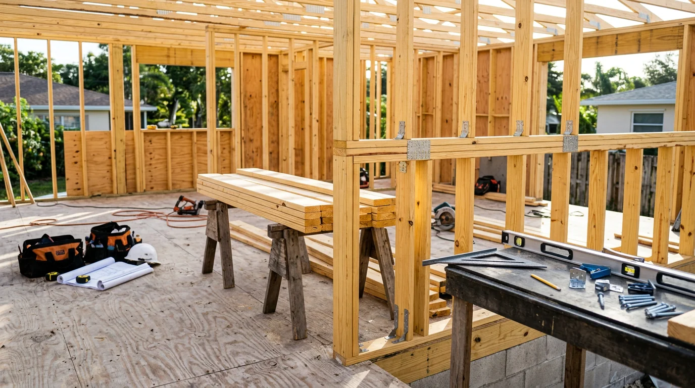 Interior framing of a residential renovation in Lake Worth Beach, Florida, showing new wood wall framing and structural headers in progress. A general contractor inspects the structural connections inside a partially renovated Palm Beach County home.