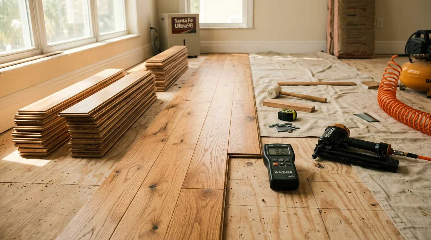 Freshly installed hardwood flooring in a Lake Worth Beach home, showing tight plank seams, a warm wood finish, and clean transitions into an adjacent living area. Natural light from a nearby window highlights the smooth, level surface across the full room.