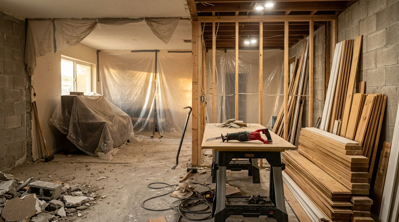 Interior demolition in progress inside a Lake Worth Beach home, with walls and flooring removed down to the concrete block structure and the surrounding framing left intact. A clean, open space ready for the next phase of renovation.