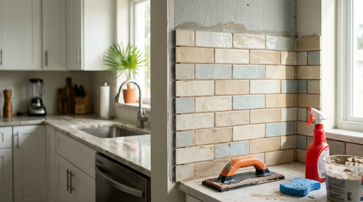 Freshly installed kitchen backsplash with clean grout lines and premium tile in a Lake Worth Beach home kitchen. The backsplash runs the full width of the wall between the countertop and upper cabinets, showing precise alignment and a polished finish.