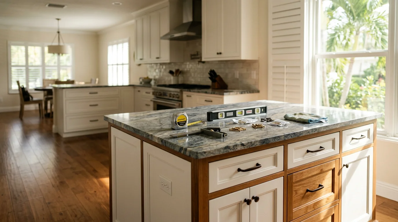 Custom kitchen island installed in a Lake Worth Beach home featuring built-in cabinetry, a stone countertop with seating overhang, and an open-concept layout connecting to the living area. The island is sized to maintain clear walkway clearance on all sides.