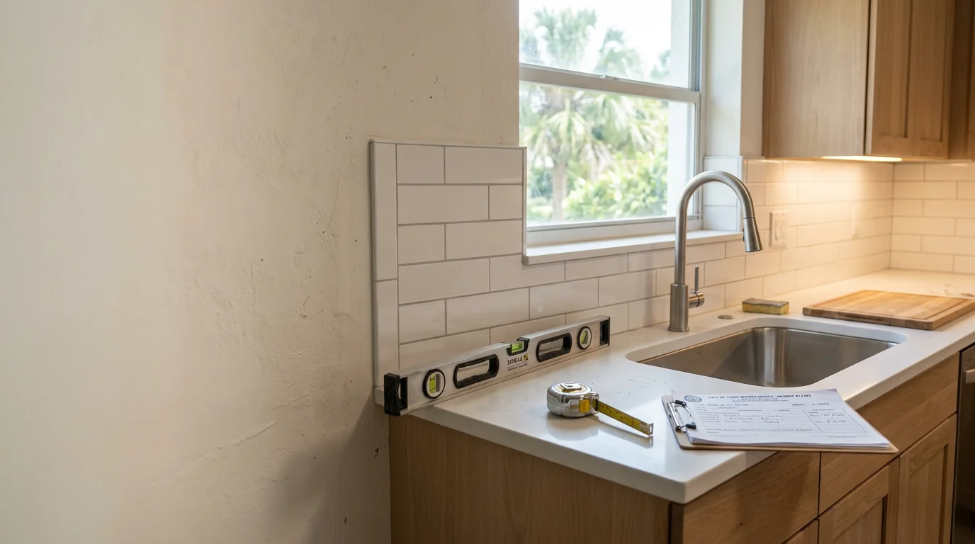 A fully remodeled kitchen in a Lake Worth Beach home featuring an open layout, premium finishes, and updated lighting. The space reflects the coastal character of the area with clean lines and durable, high-quality materials throughout.