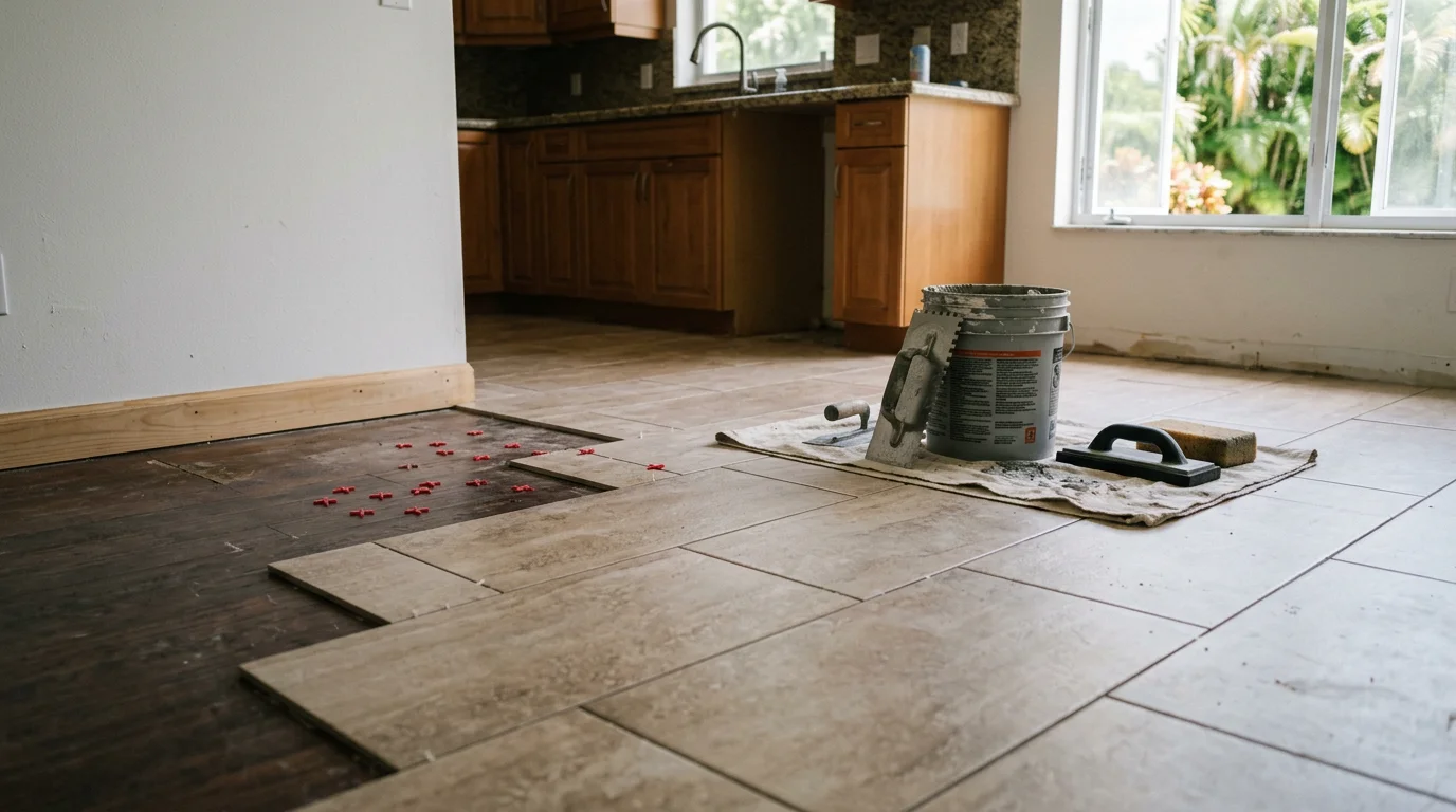 Freshly installed large-format tile flooring in a bright Lake Worth Beach home interior, showing clean grout lines and a smooth, even surface across an open living area.