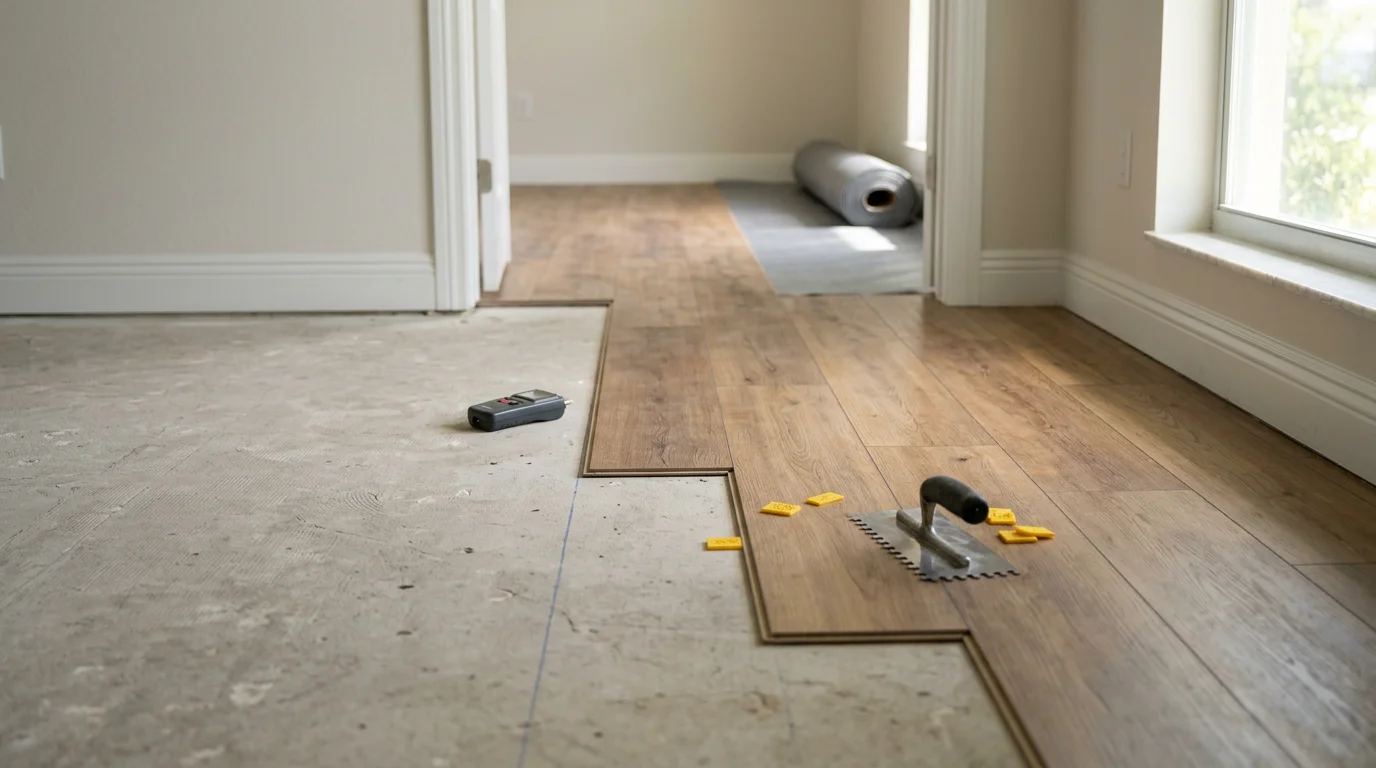 Freshly installed vinyl plank flooring in a Lake Worth Beach home, showing clean plank alignment and smooth transitions between a living area and kitchen. Natural light from a South Florida afternoon highlights the floor's texture and even finish.